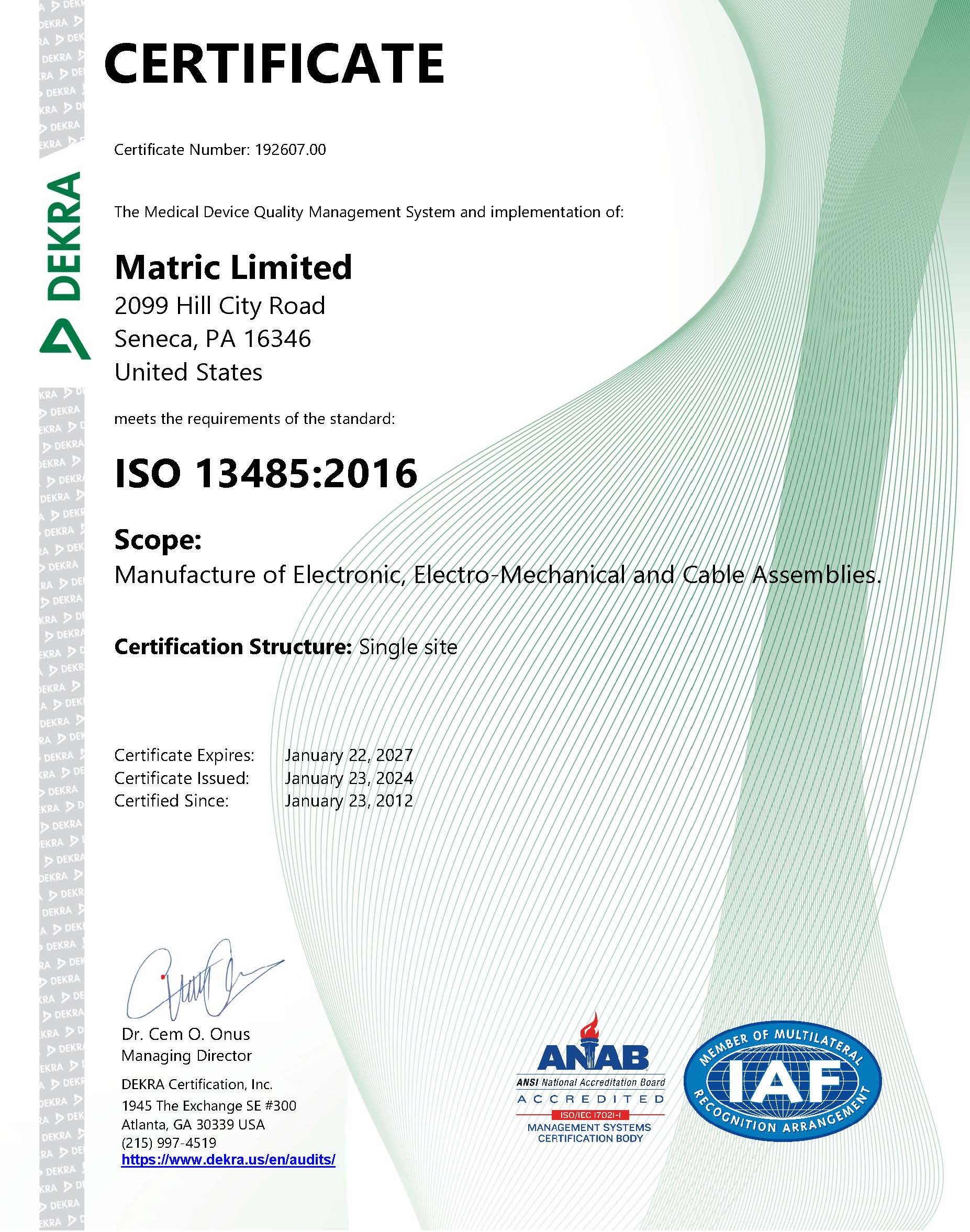 Data 01-03 Rev 10 13485-2016 Certificate Reissued January 23, 2024