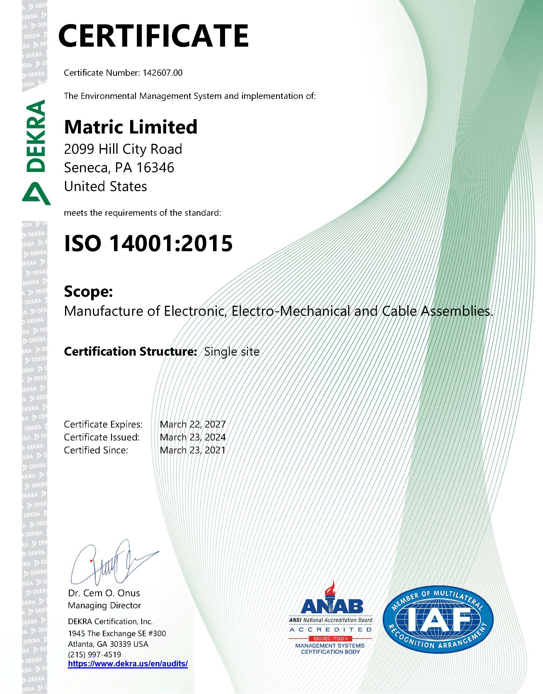 Data 01-07 Rev 1 14001-2015 Certificate Reissued January 23, 2024