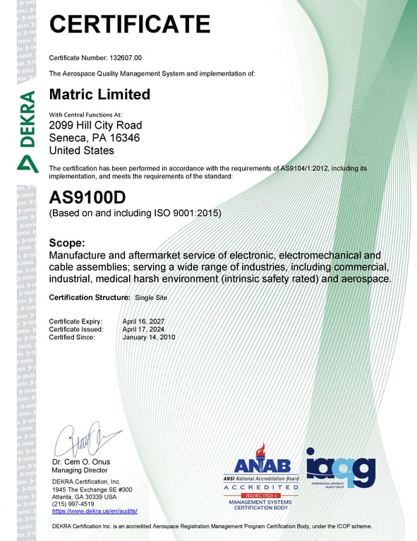 Data 01-01 Rev 10, Matric Limited AS9100D Certificate Reissued August 03 2023, including 9001