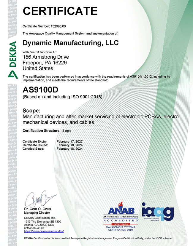 Dynamic Manufacturing, LLC AS9100D Certificate Exp February 17, 2027