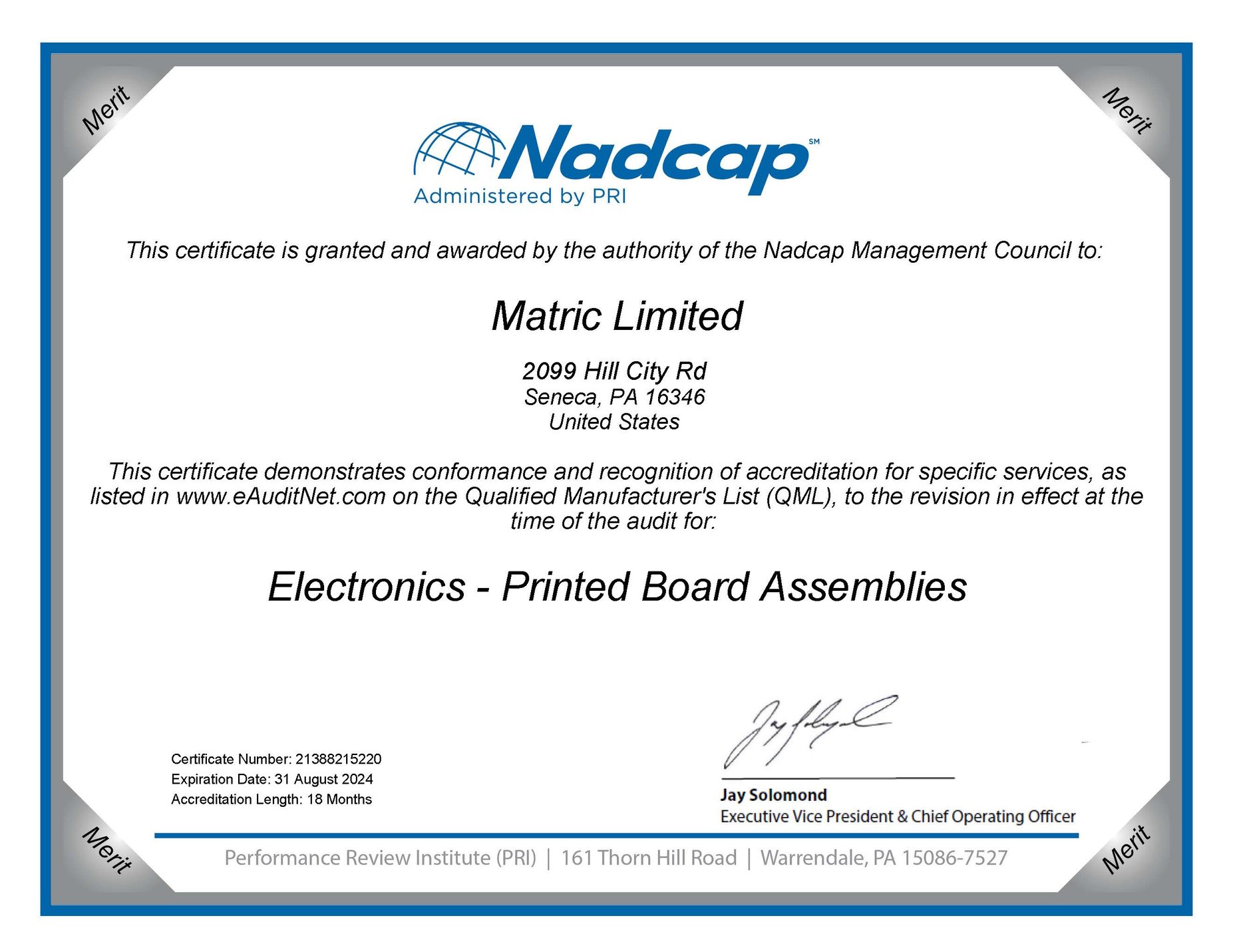 Certificate Nadcap (Aerospace) Electronics audit # 206142